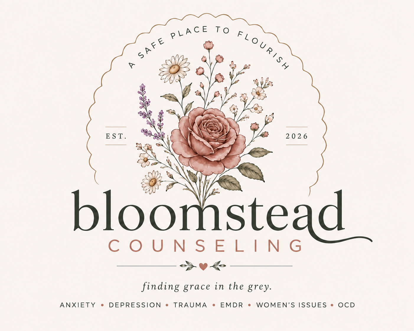 Bloomstead Counseling logo: a botanical bouquet above the practice name