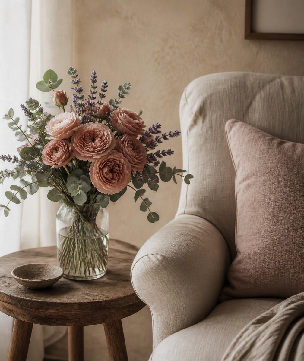 A calm therapy corner with linen upholstery and a vase of roses, eucalyptus and lavender
